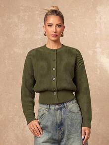 Lumalex Olive Green Rib Knit Cardigan With Round Neck Button Front Drop Shoulders And Floral Sleeve Patch - Green - View 1