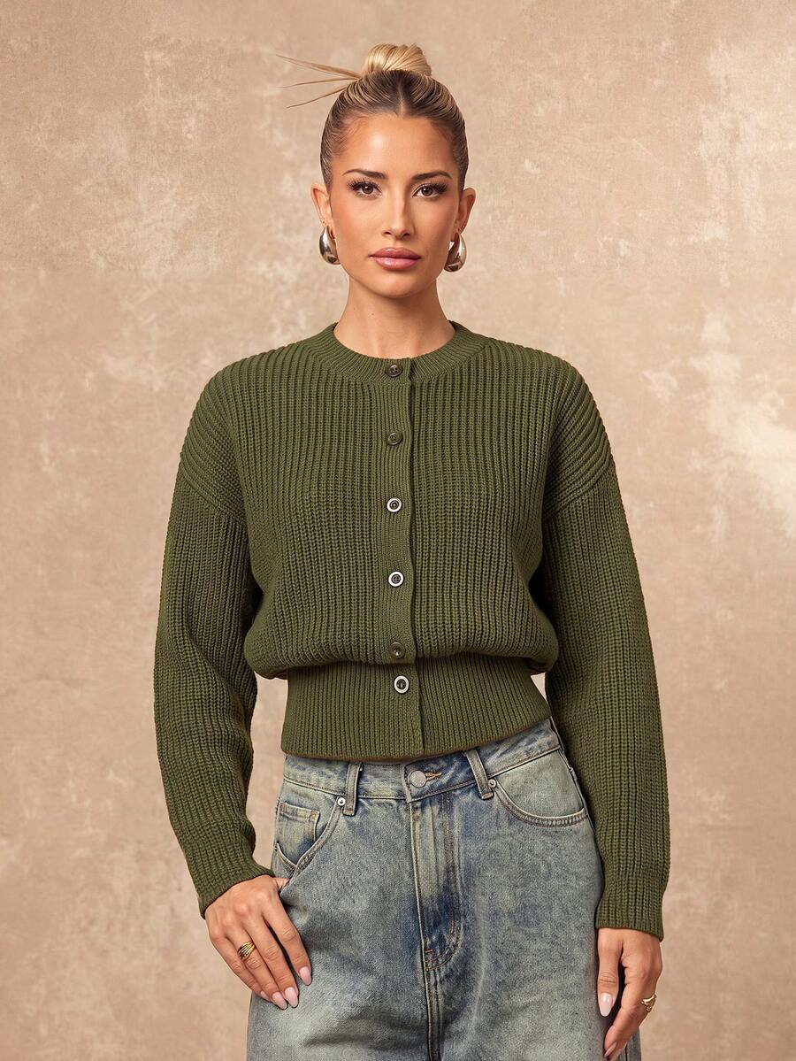 Lumalex Olive Green Rib Knit Cardigan With Round Neck Button Front Drop Shoulders And Floral Sleeve Patch - Green - View 1