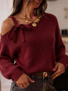 Balvessa Women's Solid Color Off-Shoulder Casual Versatile Daily Wear Long Sleeve Sweater - Burgundy - View 2
