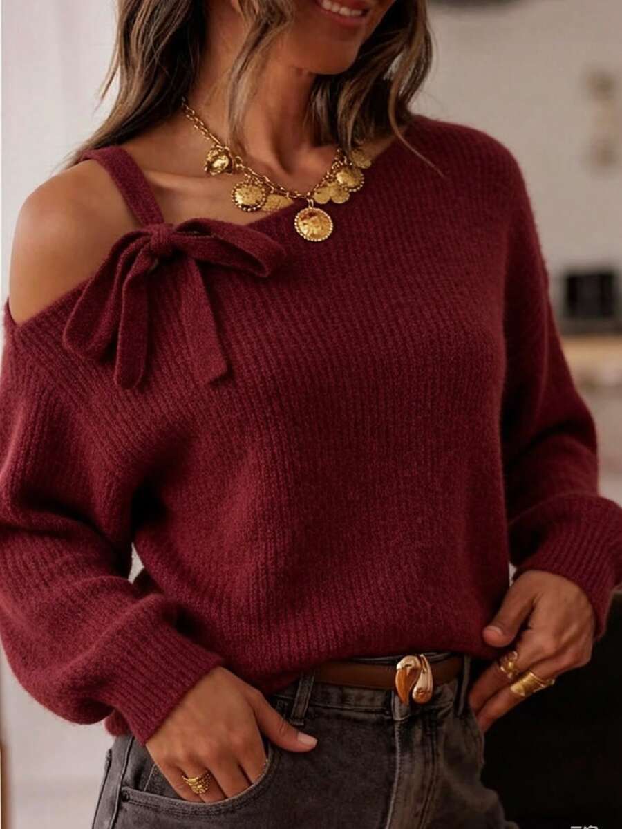 Balvessa Women's Solid Color Off-Shoulder Casual Versatile Daily Wear Long Sleeve Sweater