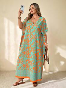 SHEIN CURVE+ Plus Size Women's Printed Loose Fit Versatile Casual Boho Vacation Beach Short-Sleeve Dress Orange Summer - Multicolor - View 7