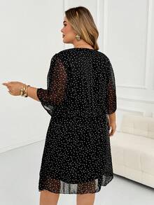 SHEIN CURVE+ Plus Size French Fashion Polka Dot Print Ruffle V-Neck Dress Fall - Black and White - View 2