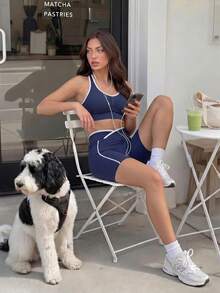 Gameset SHEIN Sport Seamless Sports Halter Neck Bra With Criss-Cross Waist Contrast Color Shorts - Navy Blue - View 8