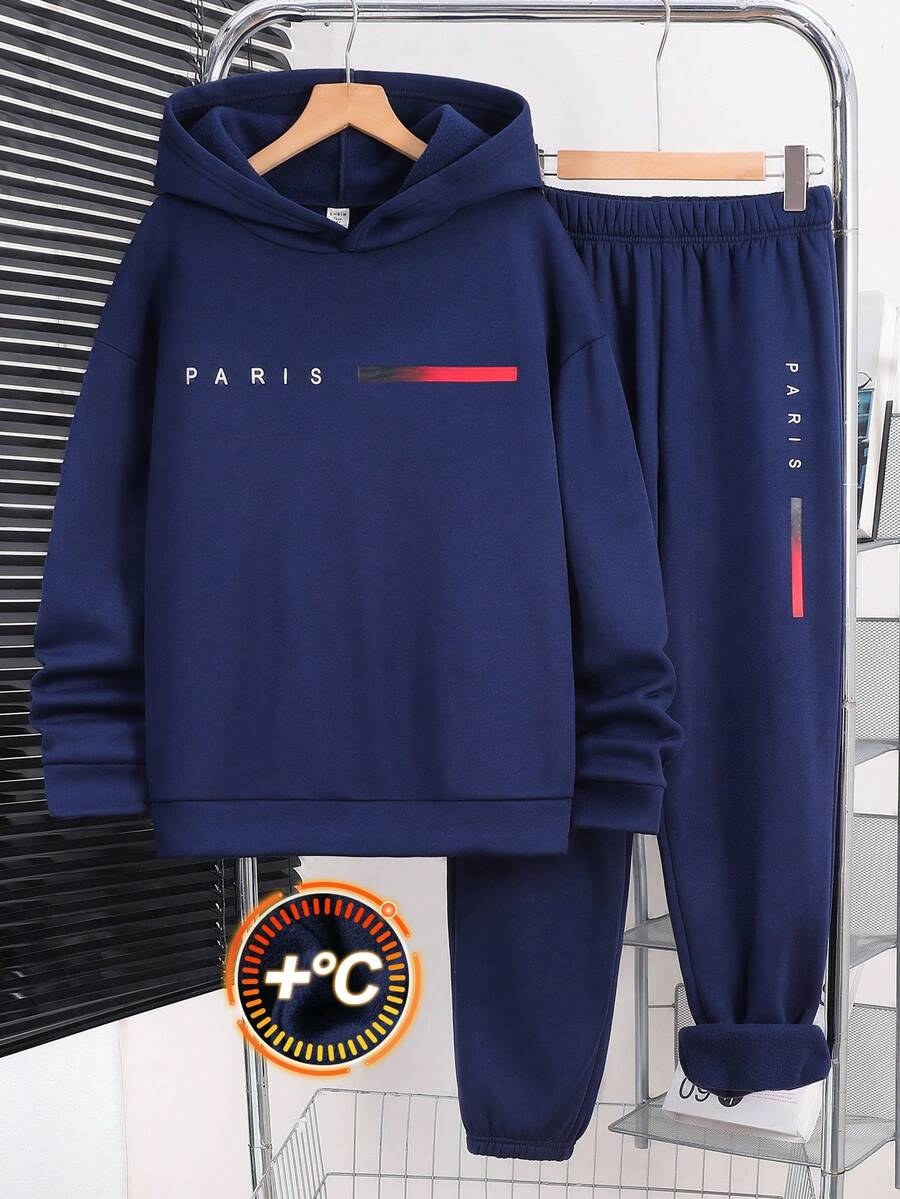 SHEIN 2件組青少年男孩海軍藍保暖內裡連帽衛衣圖案印花慢跑褲套裝,返校秋季款 - 寶藍色 - 查看 1