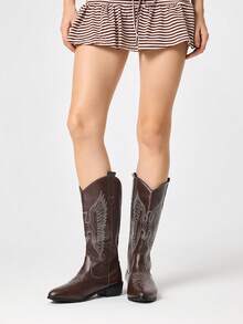 ROMWE Fairycore Women's Western Boots, Pointed V-Cut Thick Heel Embroidered Boots, Low Heel Clogs, Zip Knight Boots And Ankle Boots Spring Shoes - Dark brown + white line butterfly - View 2