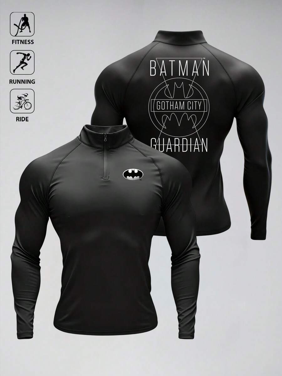 BATMAN X SHEIN Gym Rark 男士印花拉鍊半開襟長袖運動夾克 - 黑色 - 查看 1