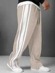 Manfinity Homme Plus Size Men's Casual Straight Leg Pants With Side Stripes And Drawstring Waist - Apricot - View 4