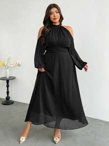 Firerie Plus Size Elegant Solid Color Cold Shoulder Halter Neck Dress Fall - Black - View 4