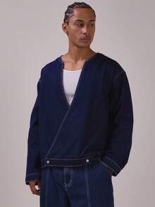Musero Kemeja Denim Model Kimono Leher V dengan Ikatan Depan, Perlengkapan Musim Semi dan Musim Panas (Hanya Kemeja) - Biru - View 1