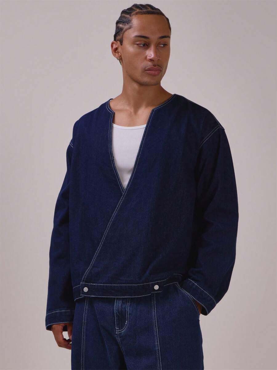 Musero Kemeja Denim Model Kimono Leher V dengan Ikatan Depan, Perlengkapan Musim Semi dan Musim Panas (Hanya Kemeja) - Biru - View 1