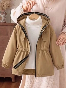 SHEIN 女嬰編織素色連帽收腰休閒長款秋冬大衣 - 駝色 - 查看 8
