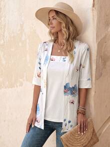 EMERY ROSE Summer Women's Floral Leaf Printed Patchwork 2 In 1 T-Shirt Graphic Tees Women Tops - White - View 4