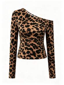 NostaNoir Dark Brown Print Women's Asymmetric Neck Long Sleeve T-Shirt, Street Fashion Western Sexy Slim Fit Top Going Out Night Autumn - Multicolor - View 3