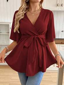SHEIN 孕婦休閒純色V領上衣附腰帶 - 酒紅色 - 查看 5