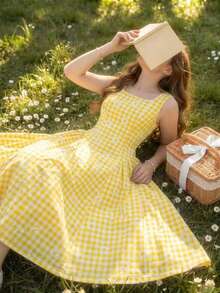 1件女童春夏復古甜美風波點印花方領無袖鬱金香洋裝，大蝴蝶結露背裝飾，適合生日派對與日常穿著 - 黃色 - 查看 4