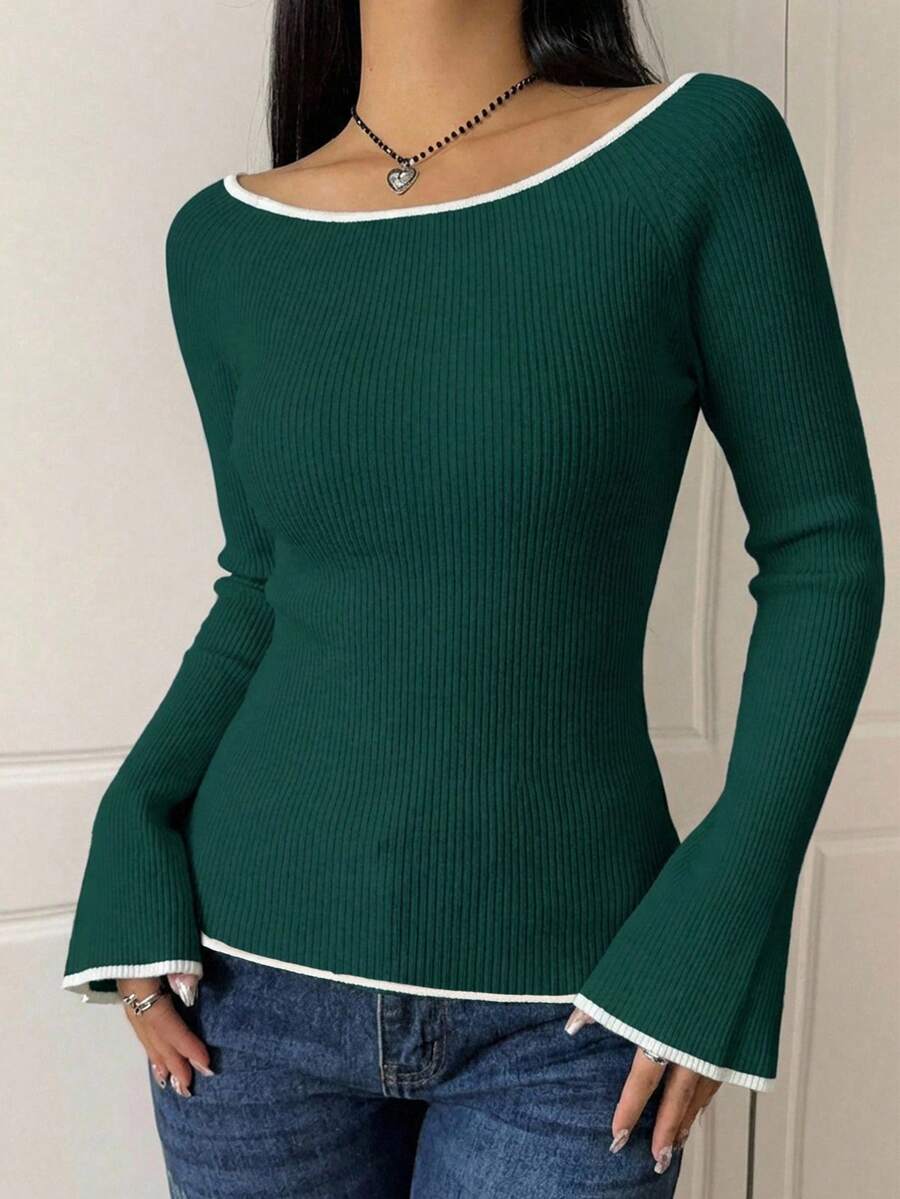 SHEIN Cottnline Fashionable Casual Ribbed Fitted Flare Sleeve Women Sweater - Dark Green - View 1