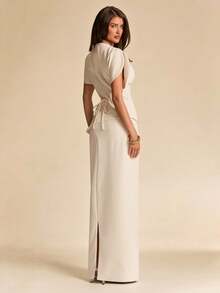 SHEIN BAE Spring/Summer Solid Cream White Petal Sleeve Blouse Elegant Skirt 2 Pieces Set For Women Wedding Formal Christening - Apricot - View 2
