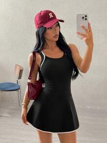 Dewbera Dewbera Women's Colorblock Trim Sleeveless Athletic Sporty Modest Dress Gym Black And White Summer - Black - View 4