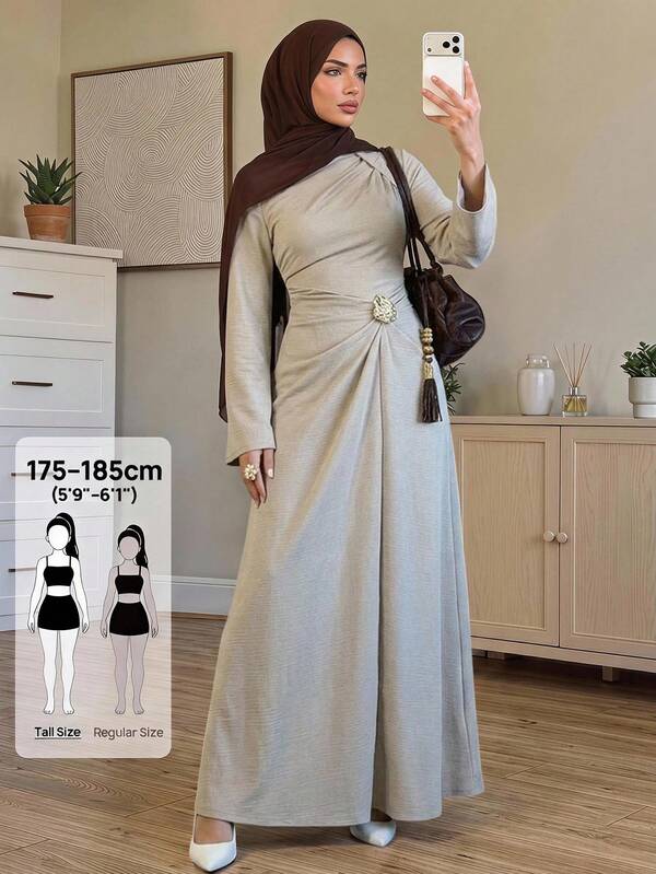 SHEIN Tall Women's Solid Color Twist Detail Front Metal Buckle Decor Flare Long Sleeve Dress Tea Party Everyday Beige Autumn Modest Elegant