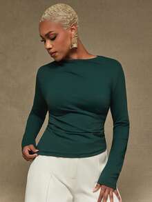 Vixey Sculpting Jersey Boat Neck Ruched Long Sleeve Top, Autumn, Formal Wear, Work Office, Desk To Dinner, Day To Night, Modern Workwear Elegant Dark Green - Dark Green - View 2