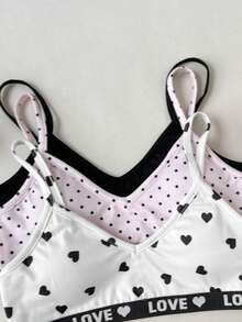 SHEIN Tween女孩 3件組極簡舒適純色V領加墊棉質無肩帶內衣套裝 波點愛心款 全季適用 - 彩色 - 查看 5
