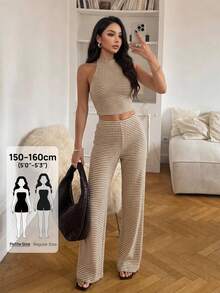 SHEIN PETITE 女款針織條紋短版掛脖上衣與休閒長褲套裝 - 卡其色 - 查看 5