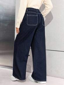 SHEIN Teen Girl Loose Wide Leg Dark Blue Denim Jeans - Dark Wash - View 3