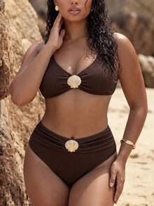 Swim Chiccia Plus Size Vacation Beach Metal Decor Swimwear Set - Brown - View 3
