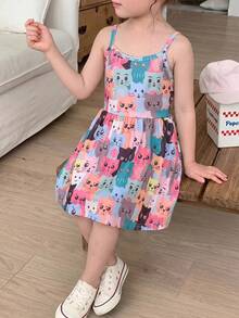 Genkimix Kids Young Girl Printed Cartoon Patterned Cute Spaghetti Strap Dress - Multicolor - View 5