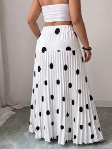 Elenzga Plus Size Women's Woven Regular Fit French Elegant Date Commute Pleated Colorblock Black Polka Dot Skirt, Summer/Autumn Fall - Black and White - View 2