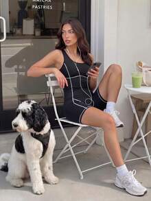 Dewbera Dewbera Athletic Casual One-Piece Jumpsuit With Built-In Chest Pads, Split Seam Design, Slim Fit Patchwork Tight Shorts With Butt-Lifting Effect - Black - View 10