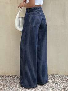 Dazy Tall Women's Striped Loose Straight Leg Vacation Style Denim Jeans Fall - Dark Wash - View 2
