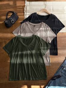 Comfortcana 3pcs/Set Plus Size Multi-Color Spring/Summer A-Line Casual V-Neck T-Shirts - Multicolor - View 6