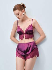 Softvol 2件組女款紫色蕾絲拼接側開衩休閒睡衣套裝，居家服套裝 - 紫色 - 查看 5