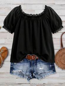 Mellowie Blusa de talla grande con manga corta y patchwork de encaje en unicolor - Negro - Ver 2