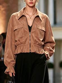 LUMIGAL Women's Autumn/Winter New Design Suede Fashion Versatile Lapel Zipper Long Sleeve Jacket Everyday Camel Elegant - Brown - View 3