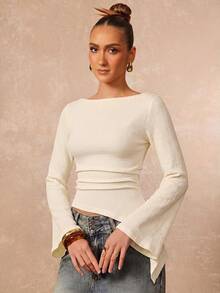 Lumalex Fall Women's Boat Neck Trumpet Sleeve Ruched Asymmetrical Ruffle Top Daily-To-Gala Versatility Quiet Luxury Meets Party Flair - Apricot - View 8