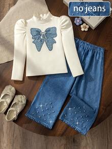 Girls Bow Puff Sleeve 2-Piece Set, Half-High Neck Puff Sleeves, Large Denim Look-Textured Bow Patch, Shapes Shoulders - Apricot - View 5