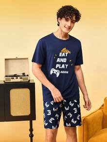Notgurli Men's Letter Print Short Sleeve T-Shirt And Shorts Loungewear Set - Multicolor - View 3