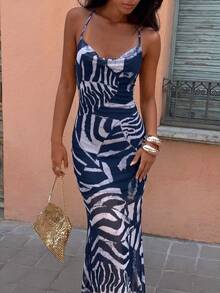 Tropical Leopard Print Backless Dress For Vacation Vacation Beach Pink Zebra Print Summer - Navy Blue - View 4