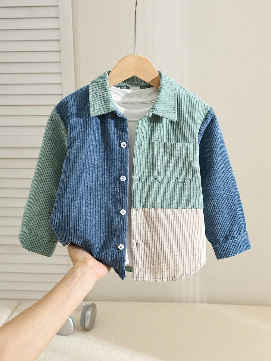 SHEIN Kids Youngboy Minimalist Casual Classic Colorblock Corduroy Jacket Shirt - Multicolor - View 1
