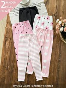 SHEIN [2pcs Randomly Sent]5pcs Randomly Sent 2pcs Spring Four Seasons Girls Polka Dot Heart Stripe Flower Sweet Cute Versatile Soft Comfortable Ribbed Knit Leggings Multi-Piece Set - Multicolor - View 3