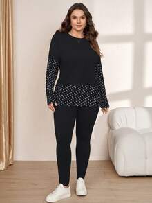 Comfylo Plus Size Women Black And White Top And Leggings Casual Daily Date Night Brunch Vacation 2 Pieces Set Fall Back To School Outfits Office Wear Autumn - Black - View 3