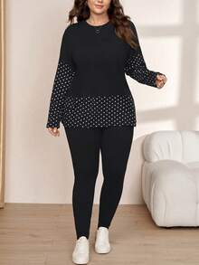 Comfylo Plus Size Women Black And White Top And Leggings Casual Daily Date Night Brunch Vacation 2 Pieces Set Fall Back To School Outfits Office Wear Autumn - Black - View 6