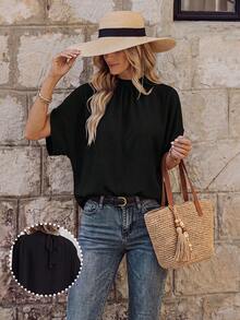 EMERY ROSE Tie Back Batwing Sleeve Solid Blouse - Black - View 3
