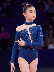 青少年女孩針織長袖連身運動緊身衣 女孩花式滑冰連身衣 皇家藍亮晶水晶印花 高彈性修身設計 適合體操、舞蹈比賽、冰上滑冰，四季皆宜 - 寶藍色 - 查看 2
