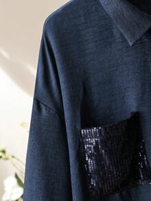 Lacomfia Minimalist Casual Solid Color Patchwork Beaded Shirt Collar Long Sleeve Fitted Regular Shirt And Solid Color Elastic Waist Wide Leg Pants Spring Autumn Plus Size 2-Piece Set - Navy Blue - View 6