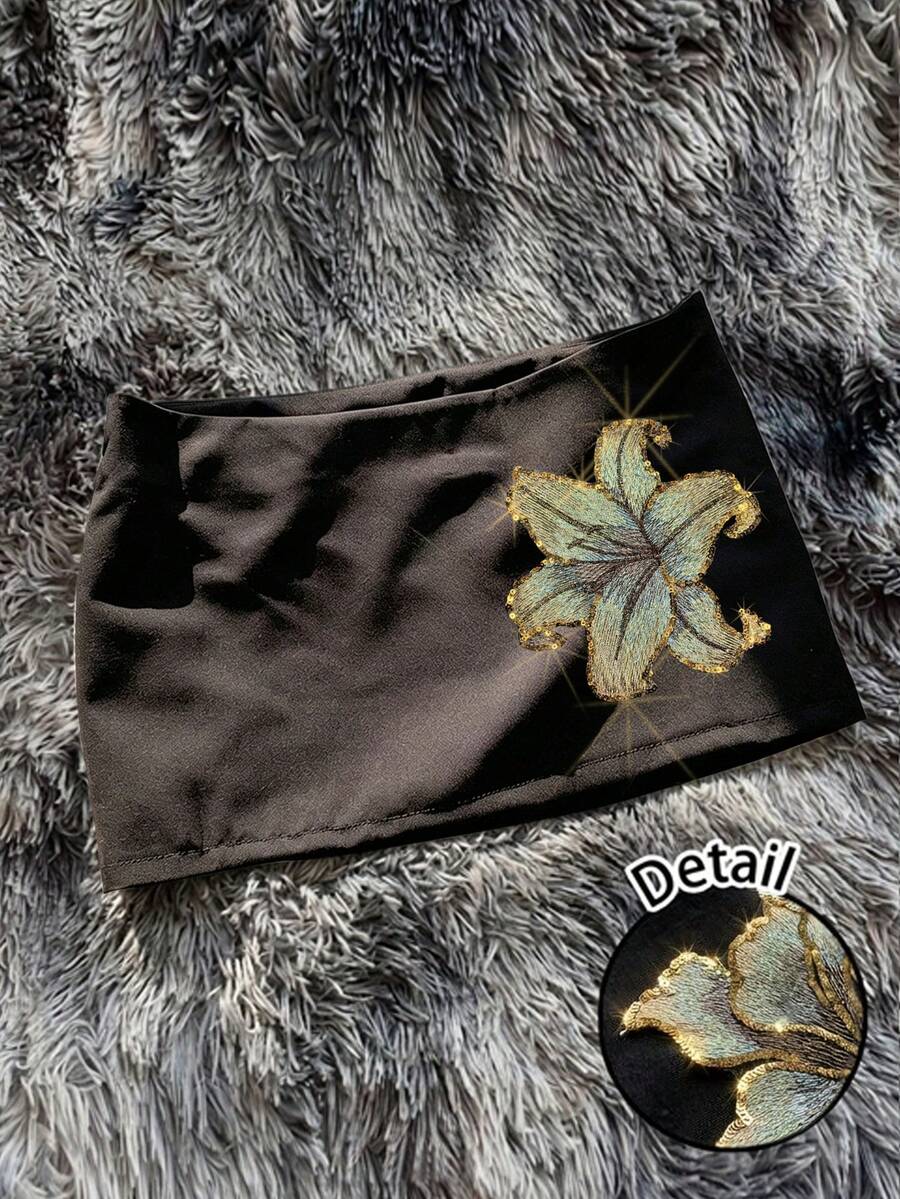 Attitoon 女款休閒超低腰迷你裙,Y2K風格,珠飾刺繡,休閒女裙,夏季女裙,黑色裙 - 黑色 - 查看 1