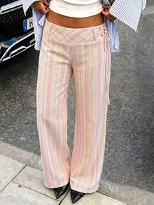 Avenya Low Waist Striped Drawstring Casual Pants - Pink - View 3