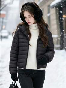 SHEIN Jaket Kasual Minimalis Serbaguna Mudah Dipakai untuk Remaja Perempuan, Berkerudung, Cocok untuk Musim Gugur/Dingin, Sesuai untuk Jalan-jalan dan Berpergian, Gaya Serbaguna - Hitam - View 2